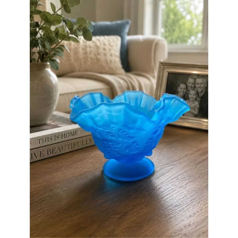 Westmoreland Blue Mist Satin Glass Pedestal Candy Dish / Bowl, Grapes Motif 1960